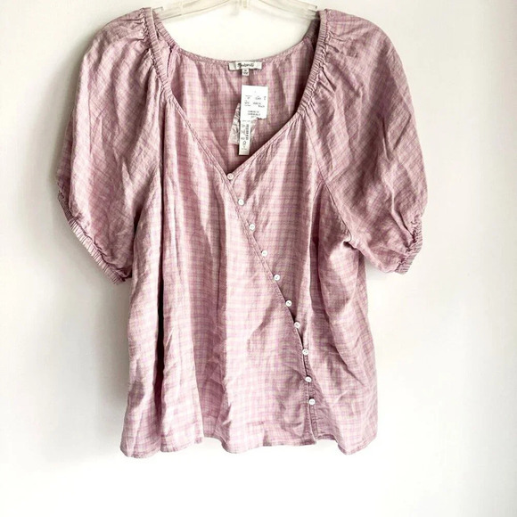 Madewell Pink Plaid Linen Blend Puff Sleeve Summer Top Blouse 3X - Picture 6 of 10